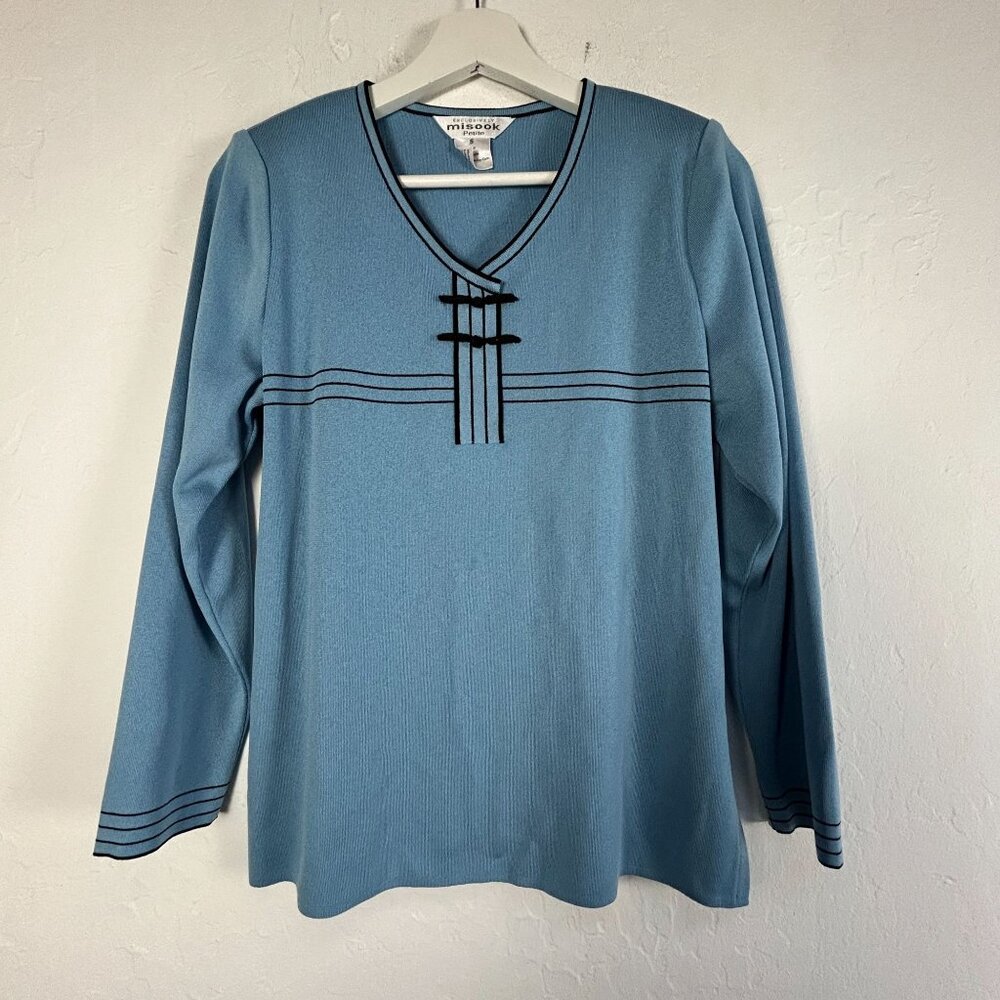 Misook Womens Petite Small Blue Black Stripe V-Neck Long Sleeve Knit Top Casual